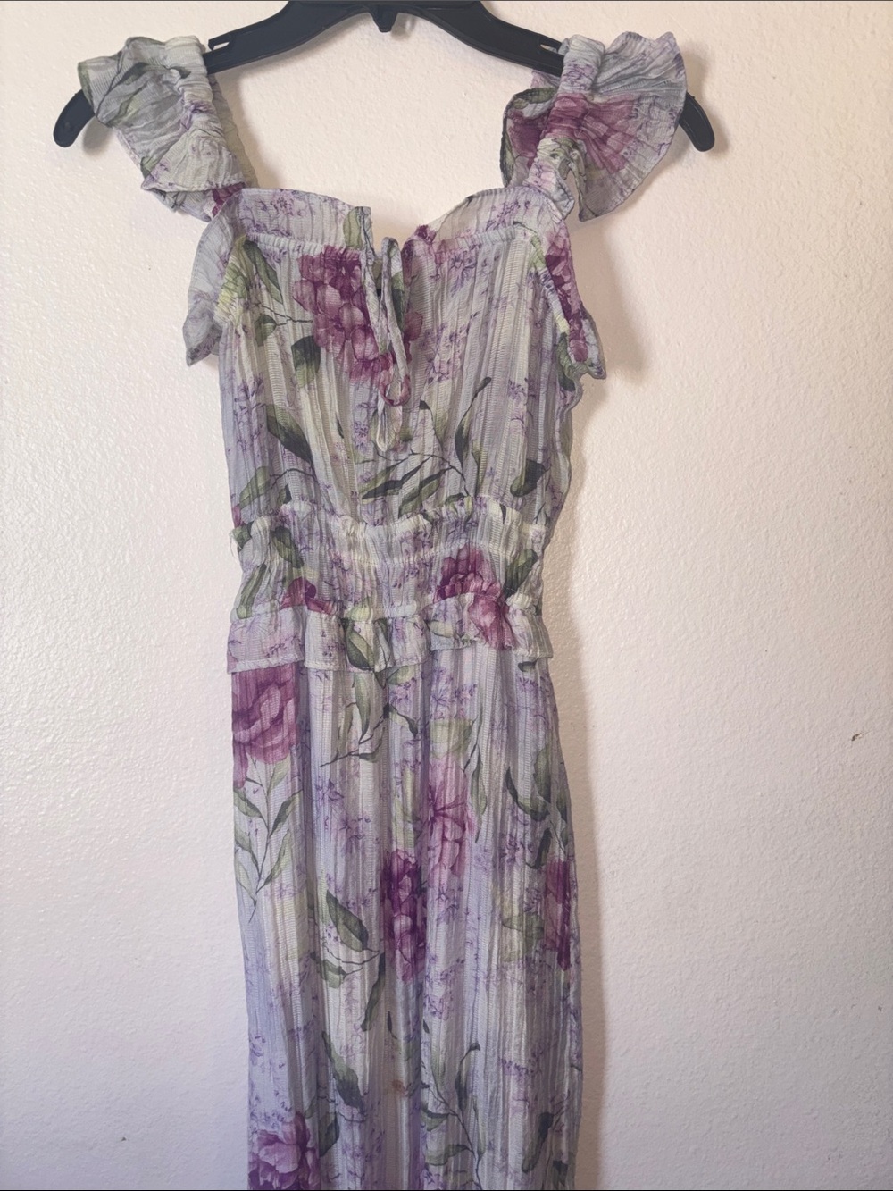 Mary & Mo Floral Ruffle-Strap Maxi Dress in Lavender Green, Size XS